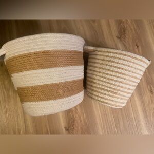 Striped Cream and Tan Woven Baskets. Harvey Lewis. NWT.